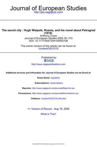 The secret city: Hugh Walpole, Russia and his novel about Petrograd (1919)