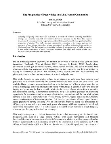 The Pragmatics of Peer Advice in a LiveJournal Community