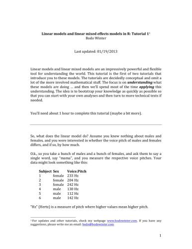 Linear models and linear mixed effects models in R: Tutorial 1
