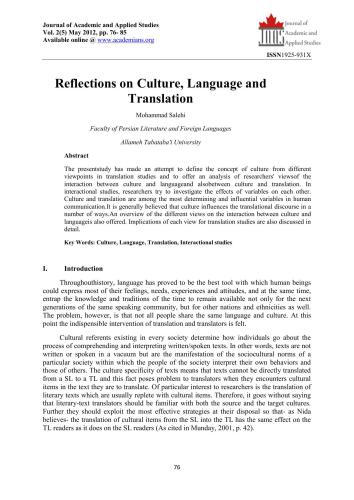 Reflections on Culture, Language and Translation