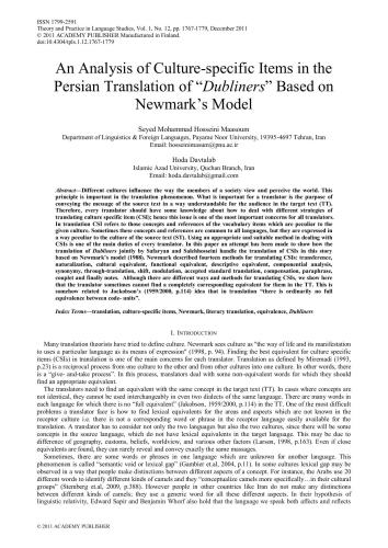 An Analysis of Culture-specific Items in the Persian Translation of Dubliners Based on Newmark’s Model