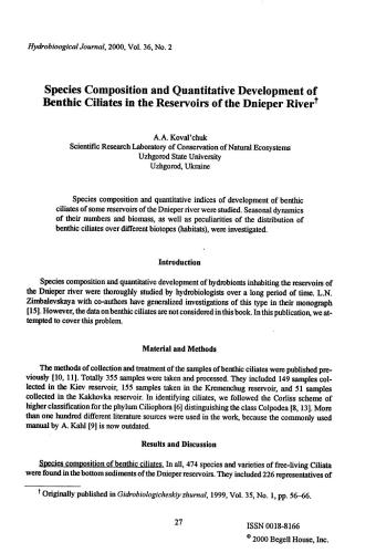Species composition and quantitative development of benthic ciliates in the reservoirs of the Dnieper river
