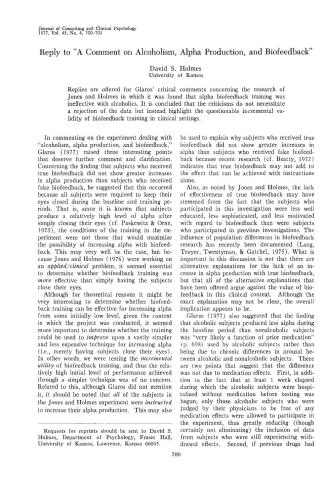 Reply to A Comment on Alcoholism, Alpha Production, and Biofeedback