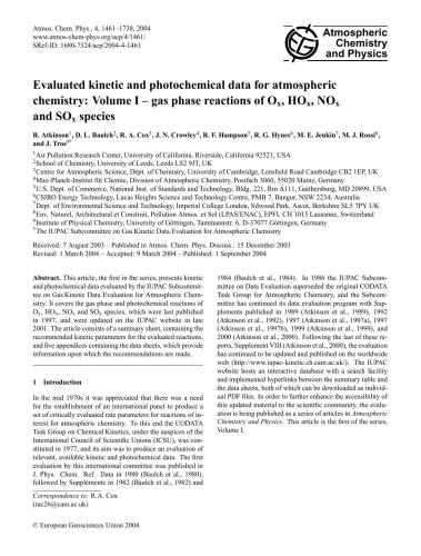 Evaluated kinetic and photochemical data for atmospheric chemistry: Volume I - gas phase reactions of Ox, HOx, NOx and SOx species