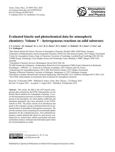 Evaluated kinetic and photochemical data for atmospheric chemistry: Volume V - heterogeneous reactions on solid substrates