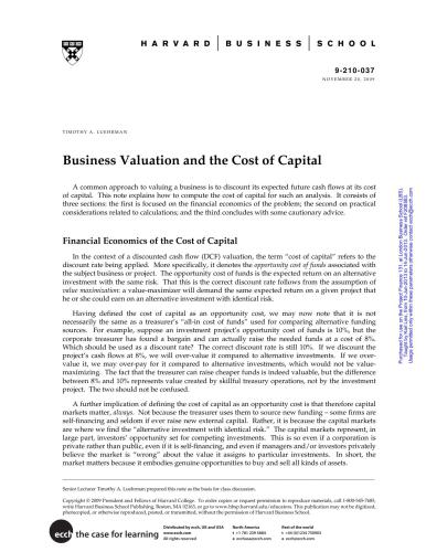 Luehrmon. Business Valuation and the Cost of Capital