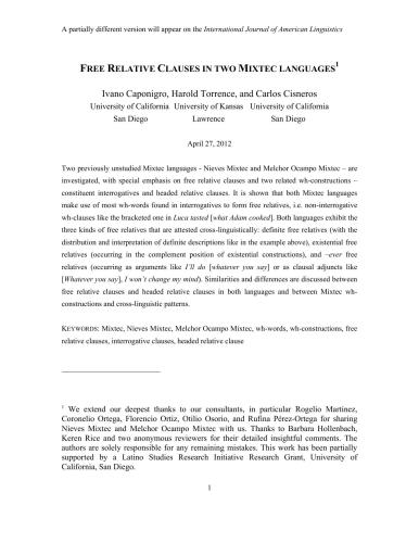 Free relative clauses in two Mixtec languages