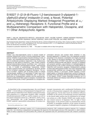 S18327, a novel, potential antipsychotic displaying marked antagonist properties at alpha(1) - and alpha(2)-adrenergic receptors: I. Receptorial, neurochemical, an