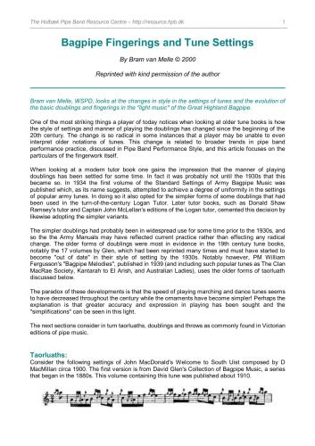 Bagpipe Fingerings and Tune Settings