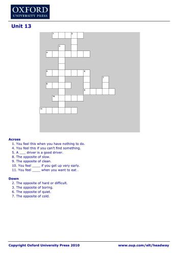 New Headway Elementary Crossword. Unit 13