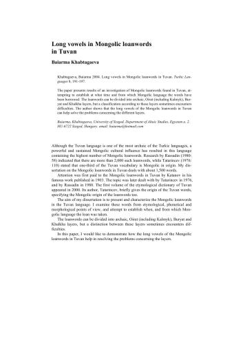 Long vowels in Mongolic loanwords in Tuvan