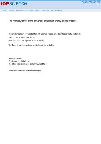 The thermodynamics of the conversion of radiation energy for photovoltaics