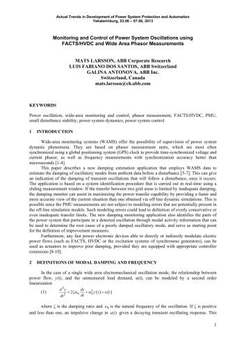 Monitoring and Control of Power System Oscillations using FACTS/HVDC and Wide Area Phasor Measurements