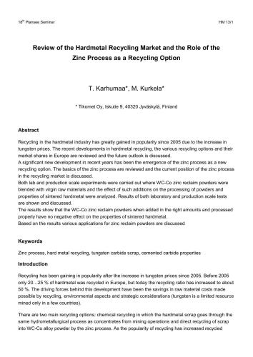 Review of the Hardmetal Recycling Market and the Role of the Zinc Process as a Recycling Option