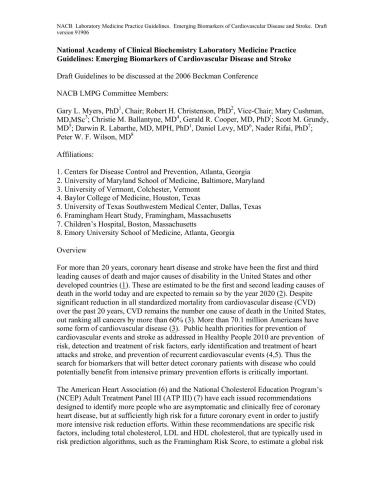 National Academy of Clinical Biochemistry Laboratory Medicine Practice Guidelines: Emerging Biomarkers of Cardiovascular Disease and Stroke