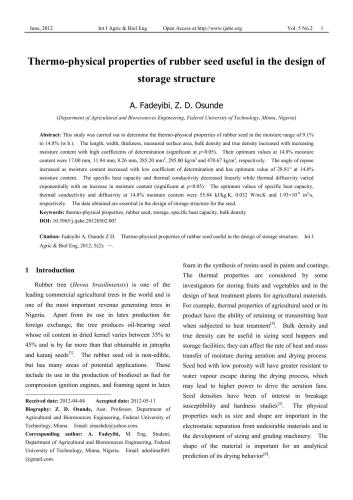 Thermo-physical properties of rubber seed useful in the design of storage structure