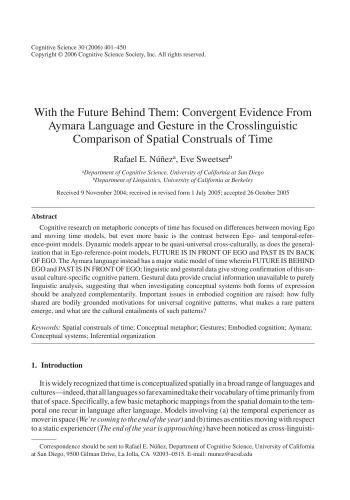 Nunez, Eve Sweetser. With the Future Behind Them: Convergent Evidence From Aymara Language and Gesture in the Crosslinguistic Comparison of Spatial Construals of Time