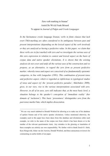 Zero verb marking in Sranan