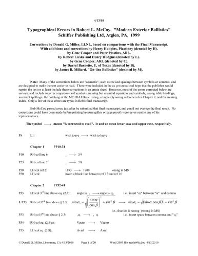 Modern Exterior Ballistics: Typographical Errors (список опечаток в книге)