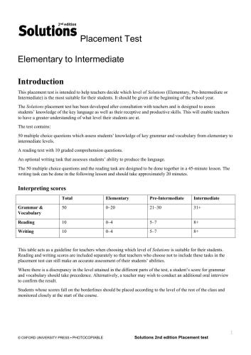Solutions Placement Test + Answer Key (2nd edition) (Elementary to Intermediate)