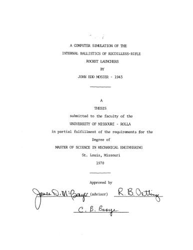 Работа магистра наук - Компьютерное моделирование внутренней баллистики безоткатной ракетной установки. Mosier J.E. A computer simulation of the internal ballistics of recoilless-rifle rocket launchers