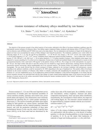 Erosion resistance of refractory alloys modified by ion beams