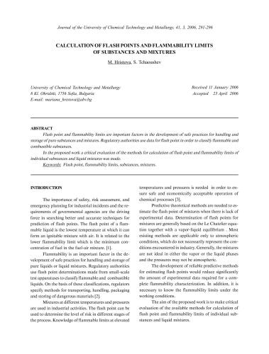 Calculation of flash points and flammability limits of substances and mixtures