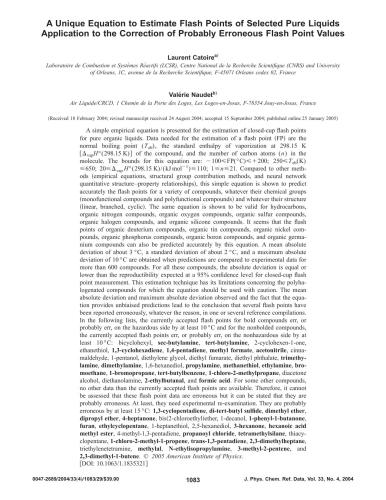 A Unique Equation to Estimate Flash Points of Selected Pure Liquids Application to the Correction of Probably Erroneous Flash Point Values