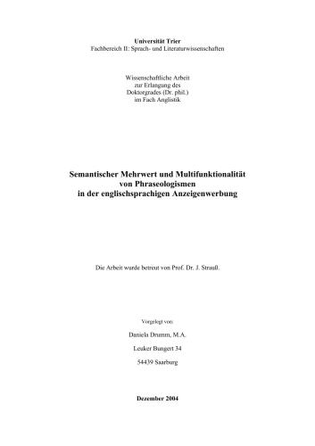 Semantischer Mehrwert und Multifunktionalität von Phraseologismen in der englischsprachigen Anzeigenwerbung