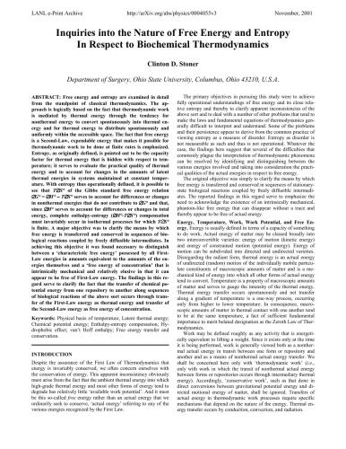 Inquiries into the Nature of Free Energy and Entropy. In Respect to Biochemical Thermodynamics