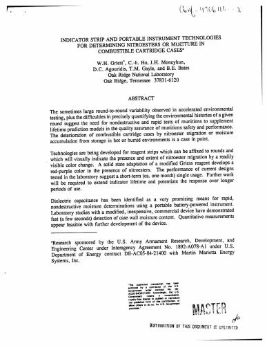 Indicator strip and portable instrument technologies for determining nitroesters or moisture in combustible cartridge cases