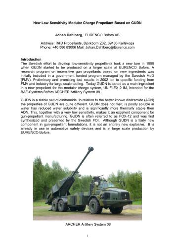 New low-sensitivity modular charge propellant based on GUDN