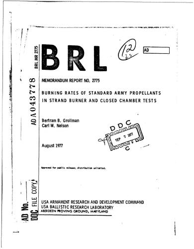 Burning rates of standard army propellants in strand burner and closed chamber tests