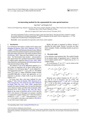 Jing Chena, Hongfen Zoub 'An interesting method for the exponentials for some special matrices'