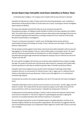 Senate Report Says Caterpillar Used Swiss Subsidiary to Reduce Taxes