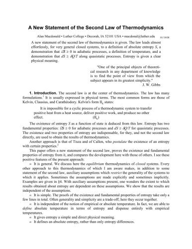 A New Statement of the Second Law of Thermodynamics