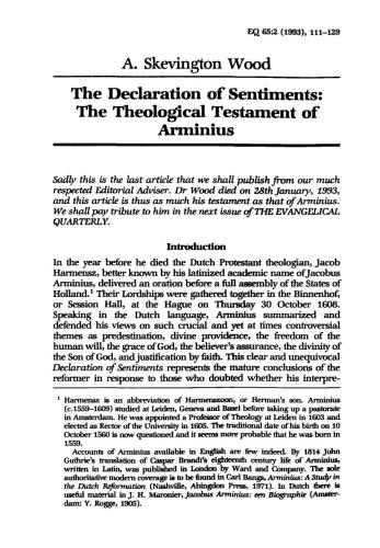 The Declaration of Sentiments: The Theological Testament of Arminius