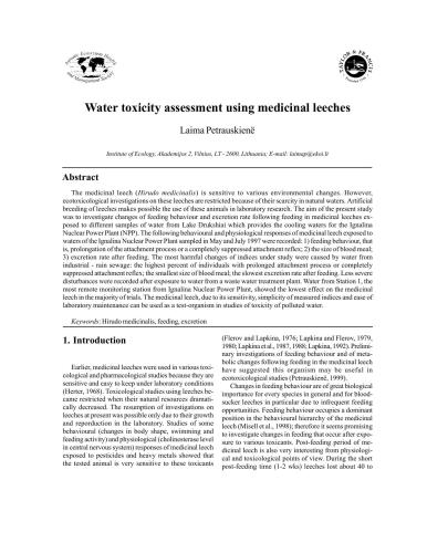 Water toxicity assessment using medicinal leeches