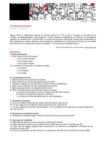 Le festival de Cannes. Une fiche d'activités