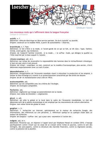 Les nouveaux mots qui s’affirment dans la langue française. Une fiche d'activités