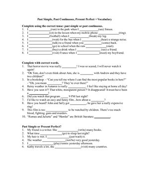 Past Simple, Past Continuous, Present Perfect + Vocabulary (Worksheet)