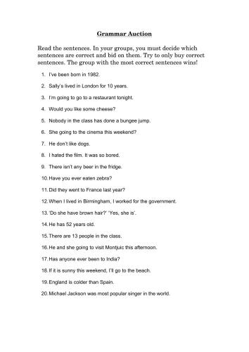 Grammar Auction: Present Perfect - right or wrong? (Worksheet)