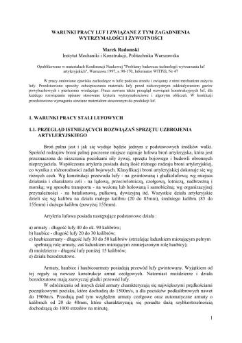 Warunki pracy luf i związane z tym zagadnienia wytrzymałości i żywotności. / Марек Радомски. Условия работы артиллерийских стволов и связанные с ними вопросы прочности и живучести