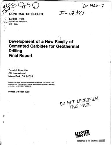 Development of a New Femily of Cemented Carbides for Geothermal Drilling. Final Report