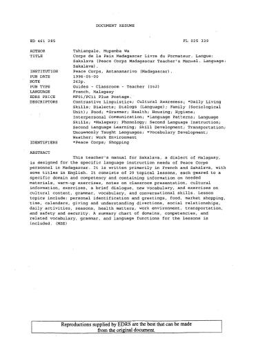 Livre du Formateur. Langue: Sakalava