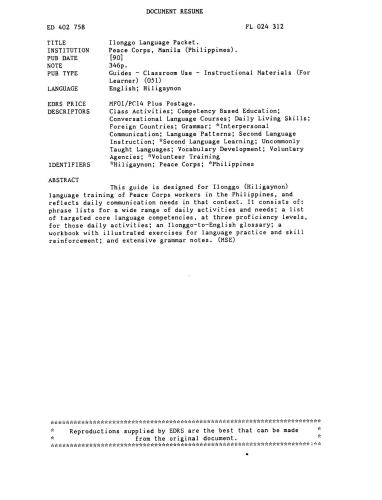 Peace Corps, Manila (Philippines). Ilonggo Language Packet