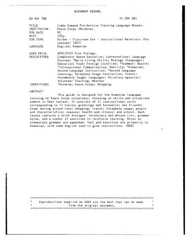 Peace Corps (Moldova). Limba Romana Pre-Service Training Language Manual