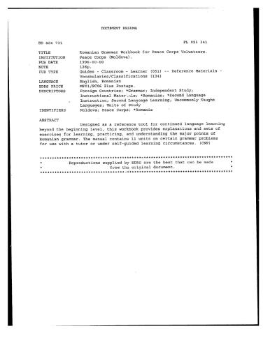 Peace Corps (Moldova). Romanian Grammar Workbook for Peace Corps Volunteers