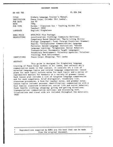 Peace Corps, Colombo (Sri Lanka). Sinhala Language Trainer's Manual