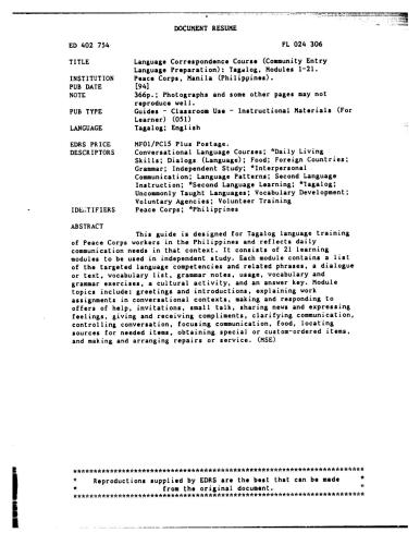 Peace Corps, Manila (Philippines). Language Correspondence Course (Community Entry Language Preparation): Tagalog, Modules 1-21